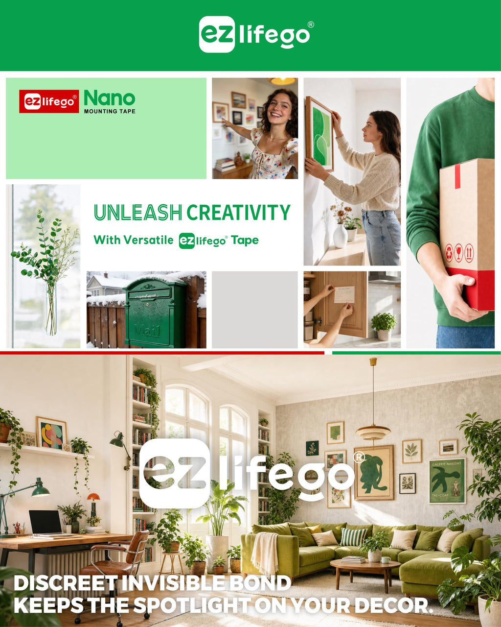 EZlifego Heavy Duty Invisible Bond Nano Double Sided Mounting Tape, 9.85FT | Nano-Tech, Holds up to 72 lbs, All-Purpose, Instant Hold, Industrial-Strength Adhesive, Indoor & Outdoor Decor,Back to School