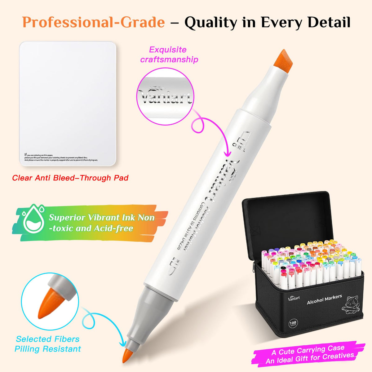 Vaniart Professional Alcohol Markers, 108 Colors Fine & Chisel Sketch Pens | Permanent Ink & Dual Tip for Adult Coloring Book, Drawing, Cards, Journaling, Planner – Art Supplies Gift for Kids Girl Boy