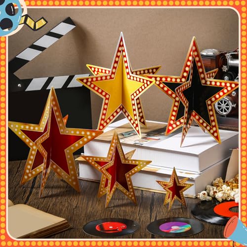 Sinload 45 Piece 3D Glitter Star Centerpieces Red Black Gold Party Decor | 300 Gsm Cardstock with 15 Pieces Per Size in 8" 5" 3" Formats for Standing Hanging Back to School Movie Night Awards Decor