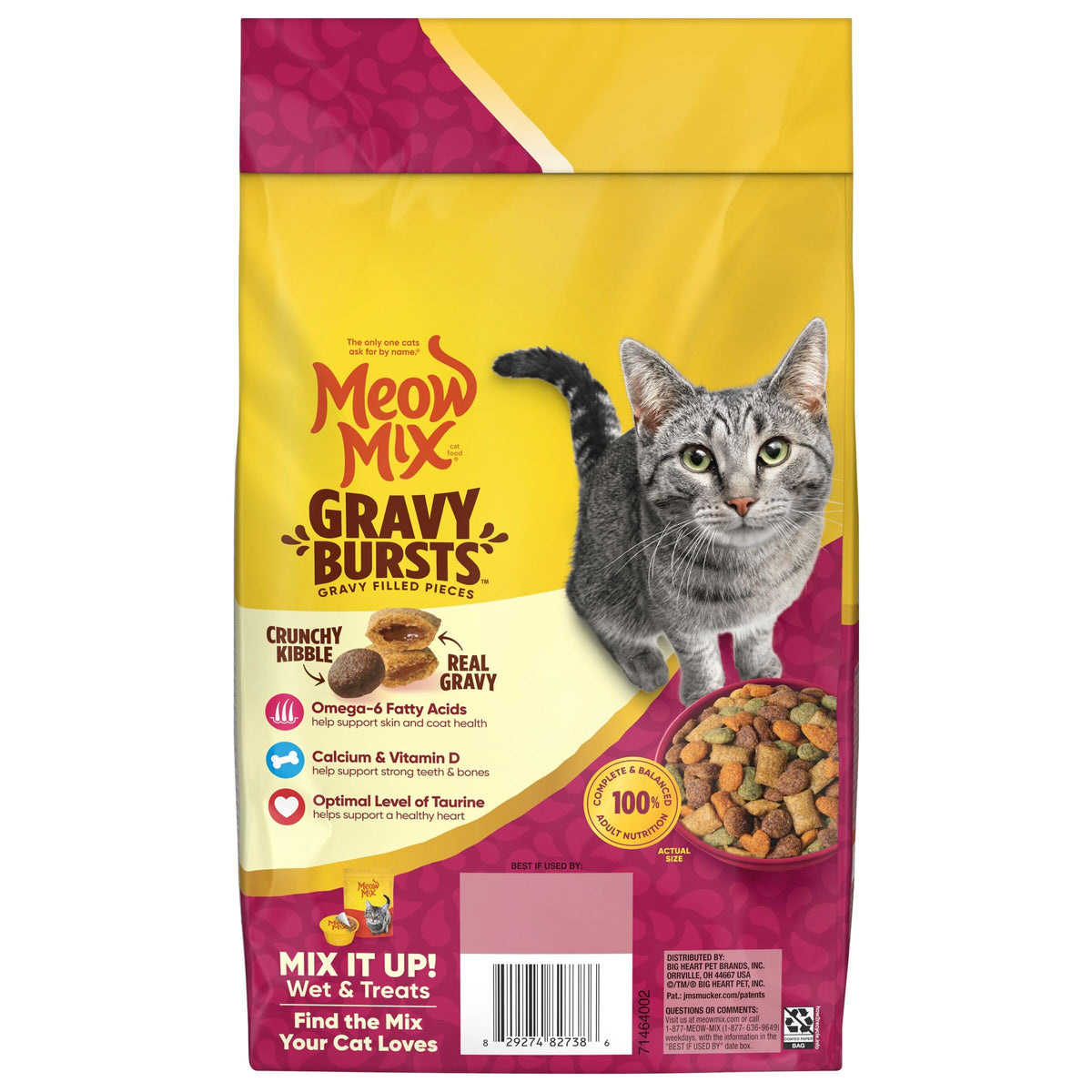 Meow Mix Gravy Bursts Dry Cat Food, 3 lb Bag | Crunchy cat kibble, gravy filled pieces, 100% complete & balanced nutrition