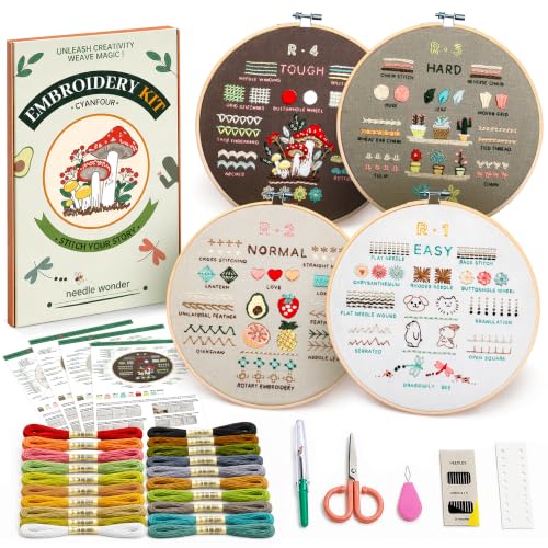 CYANFOUR Embroidery Kit for Beginners with Step-By-Step Guidance & Videos | 4 Stages to Learn 38 Stitches, Includes Multiple Accessories, Gift for Craft Lovers