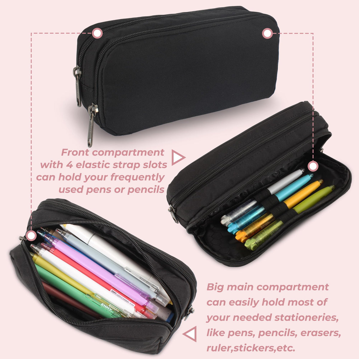 Della Gao Large Pencil Case, Big Capacity Pencil Pouch with 2 Compartments | Office Pencil Bag with Zipper, Big Pen Case for Adults (01-Black)