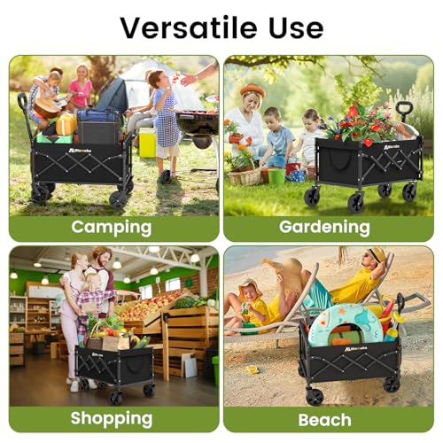 Blomoba Folding Wagon Cart with Wheels, 220lbs Utility Wagon Cart, Black | Collapsible Wagon with 360° All-Terrain Wheels & Adjustable Handle, Foldable Cart for Groceries Camping Sports Gardening