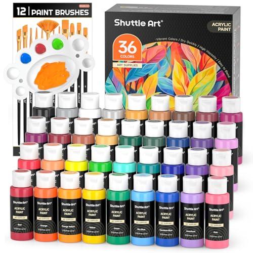 Shuttle Art Acrylic Paint, 36 Colors Acrylic Paint Set with Brushes & Palette, 2oz/60ml Bottles, Rich Pigments Non-toxic for Artists Kids & Adults, Painting on Canvas Rocks Ceramic Wood