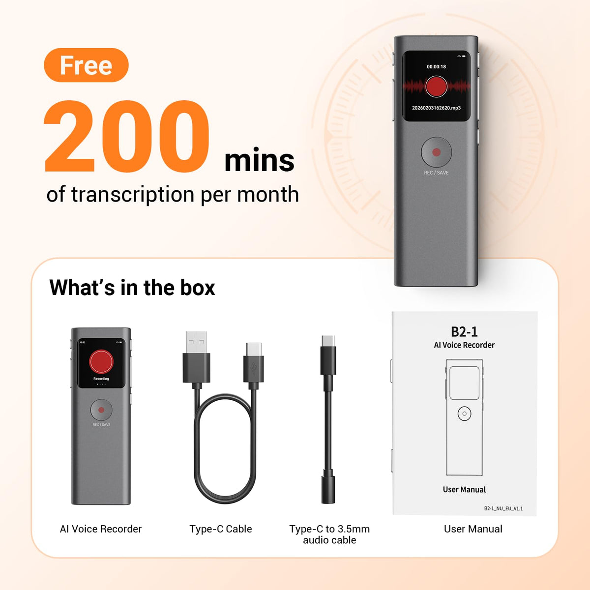AI Voice Recorder, Transcribe & Summarize with AI Note Taker | Voice Recorder for Meetings & Lectures & Interviews, Voice Activated with Playback, 90+ Languages, Portable Tape Recorder