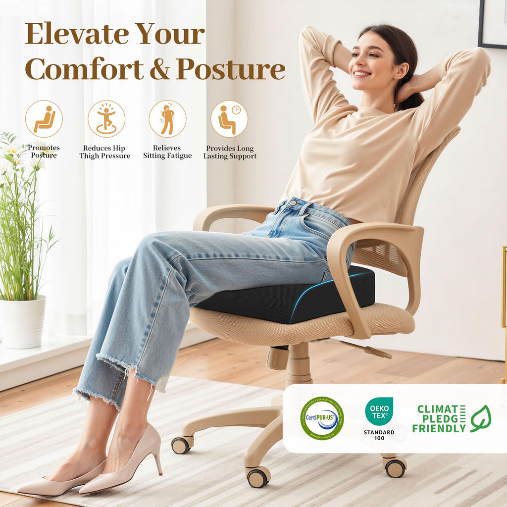 TranquilRelax 3-Inch Memory Foam Seat Cushion for Office Chair, Large | Black Chair Pad with Medium-Firm Support, Washable Mesh Cover & Non-Slip Base for Office Chairs, Car Seats & Short Drivers
