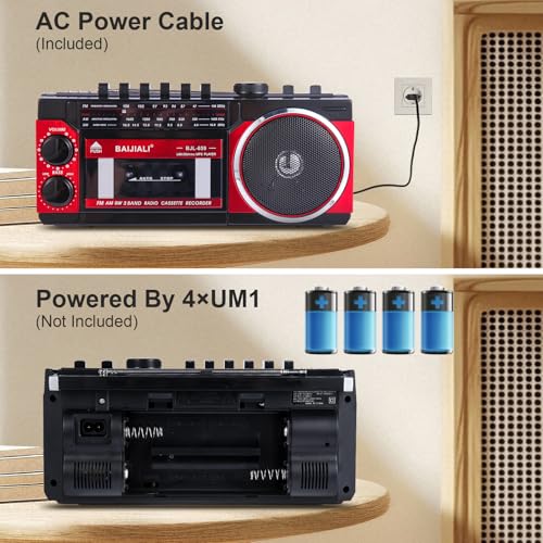 BAIJIALI Portable Cassette Player with AM/FM/SW Radio & BT | Boombox for Home and Travel, Record from Radio, Play via SD/USB, Headphone Jack, AC/Battery Power