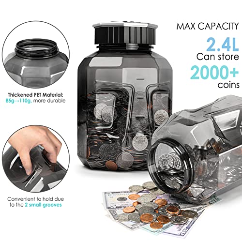 X-Large Piggy Bank for Adults Kids, Digital Coin Counting Bank LCD Counter | Vcertcpl 2.4L Capacity, Great Coin Counter Bank Money Counting Jar with Total Amount Displayed, Bank for All US Coins Gray