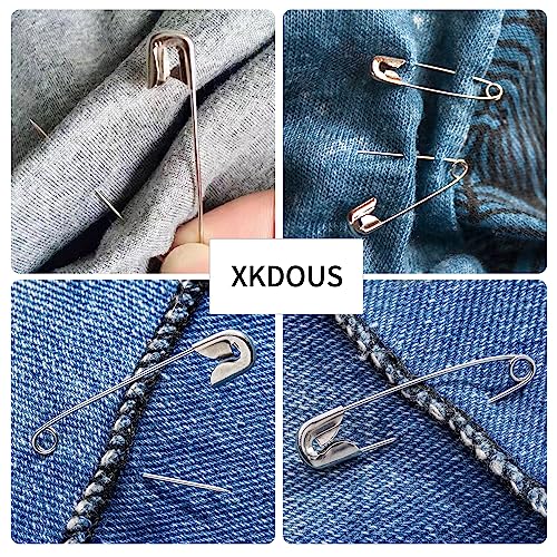 XKDOUS 150 Pack Safety Pins for Clothes 3 Universal Assorted Sizes, Silver | Small & Large Safety Pin, Strong Heavy Duty Sharp Edge Pins Bulk, Fasteners for Clothing, Sewing, Crafting