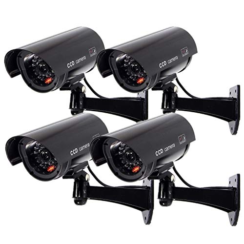 F FINDERS&CO Outdoor Fake Security Camera, Dummy CCTV Surveillance System with Realistic Red Flashing Lights and Warning Sticker (4, Black)