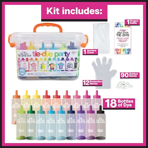 Tulip One-Step Tie Dye Party Kit, 18 Bottles, 14 Colors | 18 Prefilled 2.75 fl oz Bottles, Gloves, Rubber Bands, 2 Project Guides, Large Group Activity, Permanent Fabric Dye