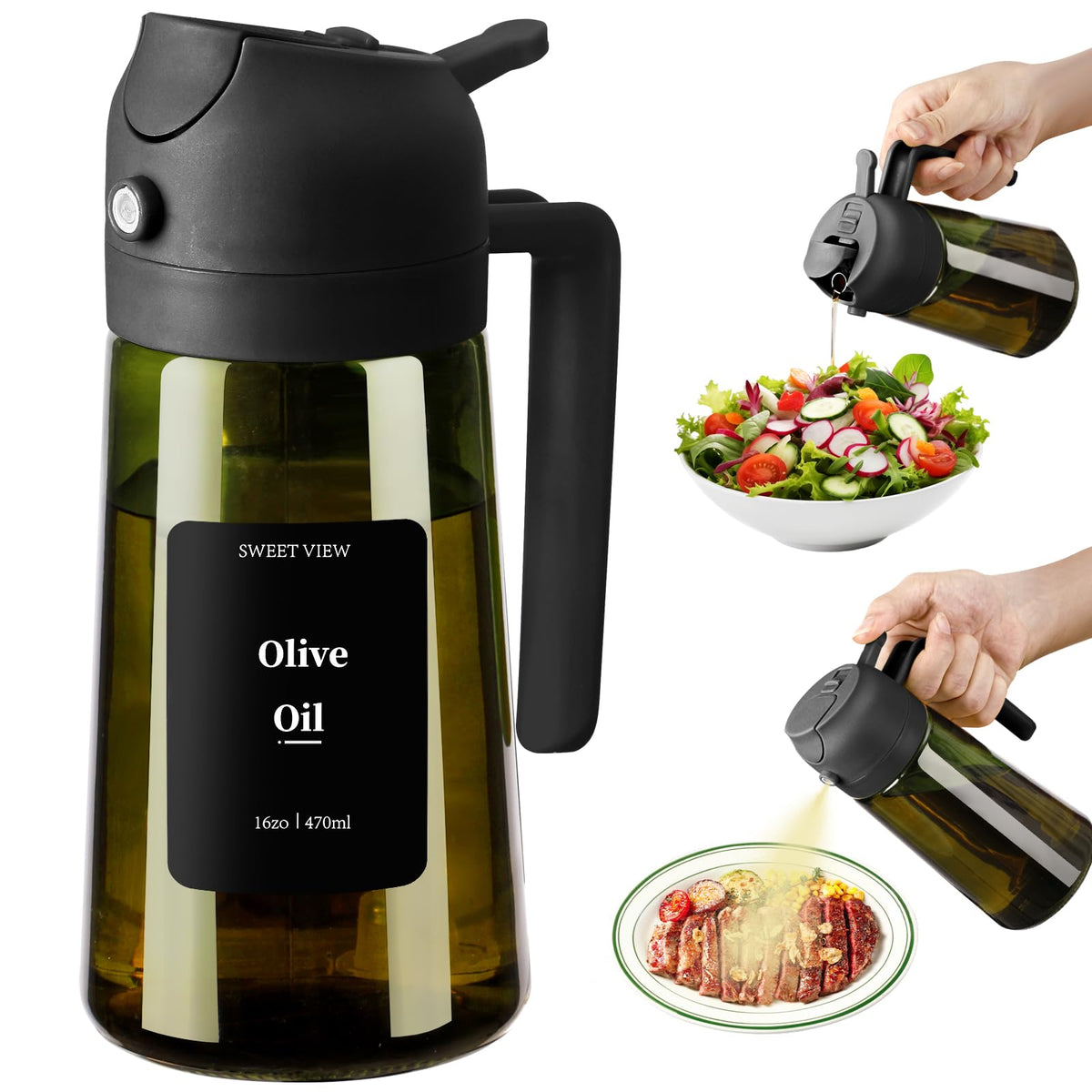 SWEET VIEW Olive Oil Dispenser and Sprayer 16oz/470ml | Glass Light-Proof Oil Pourer for Kitchen with Stickers for Air Fryer, Cooking, Salad, BBQ with Stickers