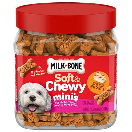 Milk-Bone Soft & Chewy Mini's Dog Training Treats, 18 oz Canister | Made with real chicken breast, small dog treats for training and rewarding, 18% protein, fortified with vitamins and minerals