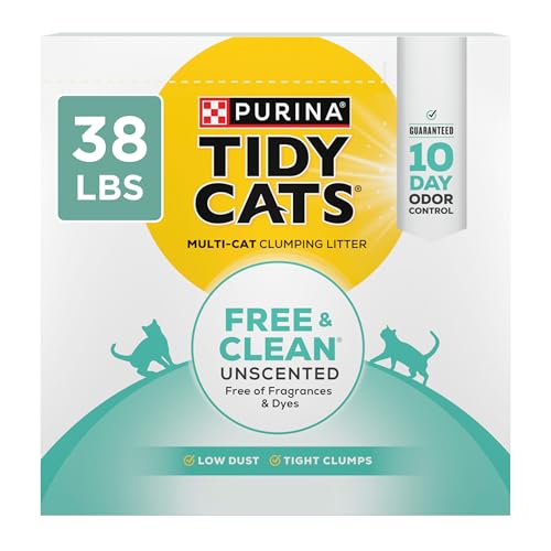 Purina Tidy Cats Free and Clean Unscented Clumping Cat Litter, 38 lb Box | Activated charcoal delivers lasting odor control, made without fragrances or dye, clumping