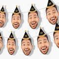 Custom Photo Adult Black & Gold Birthday Age Hat - Garland Banner - 10pc | Personalized Photo Banner, 10 Face Cutouts with Cone Hats, Custom Birthday Age Decorations, Cord Included, USA-made