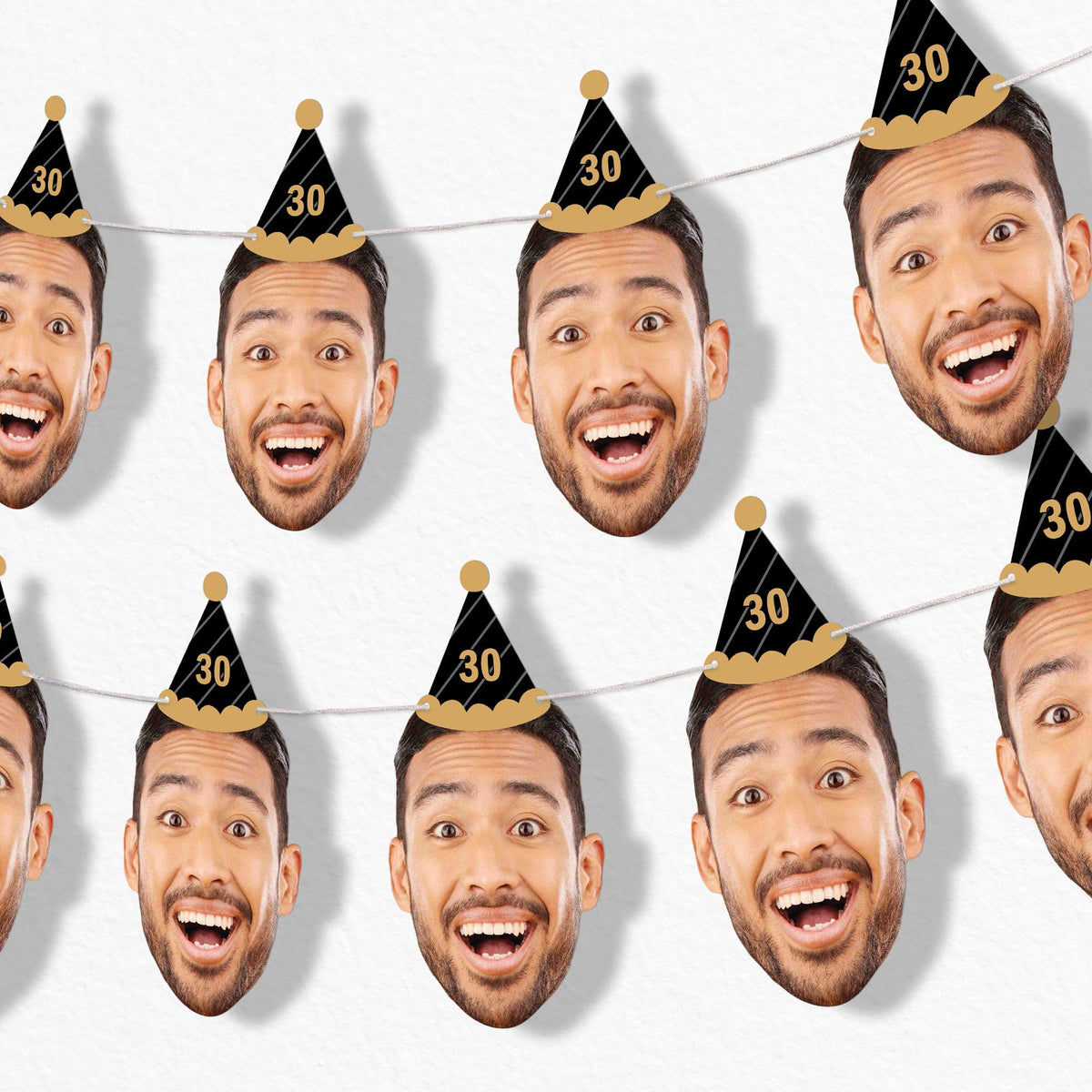 Custom Photo Adult Black & Gold Birthday Age Hat - Garland Banner - 10pc | Personalized Photo Banner, 10 Face Cutouts with Cone Hats, Custom Birthday Age Decorations, Cord Included, USA-made