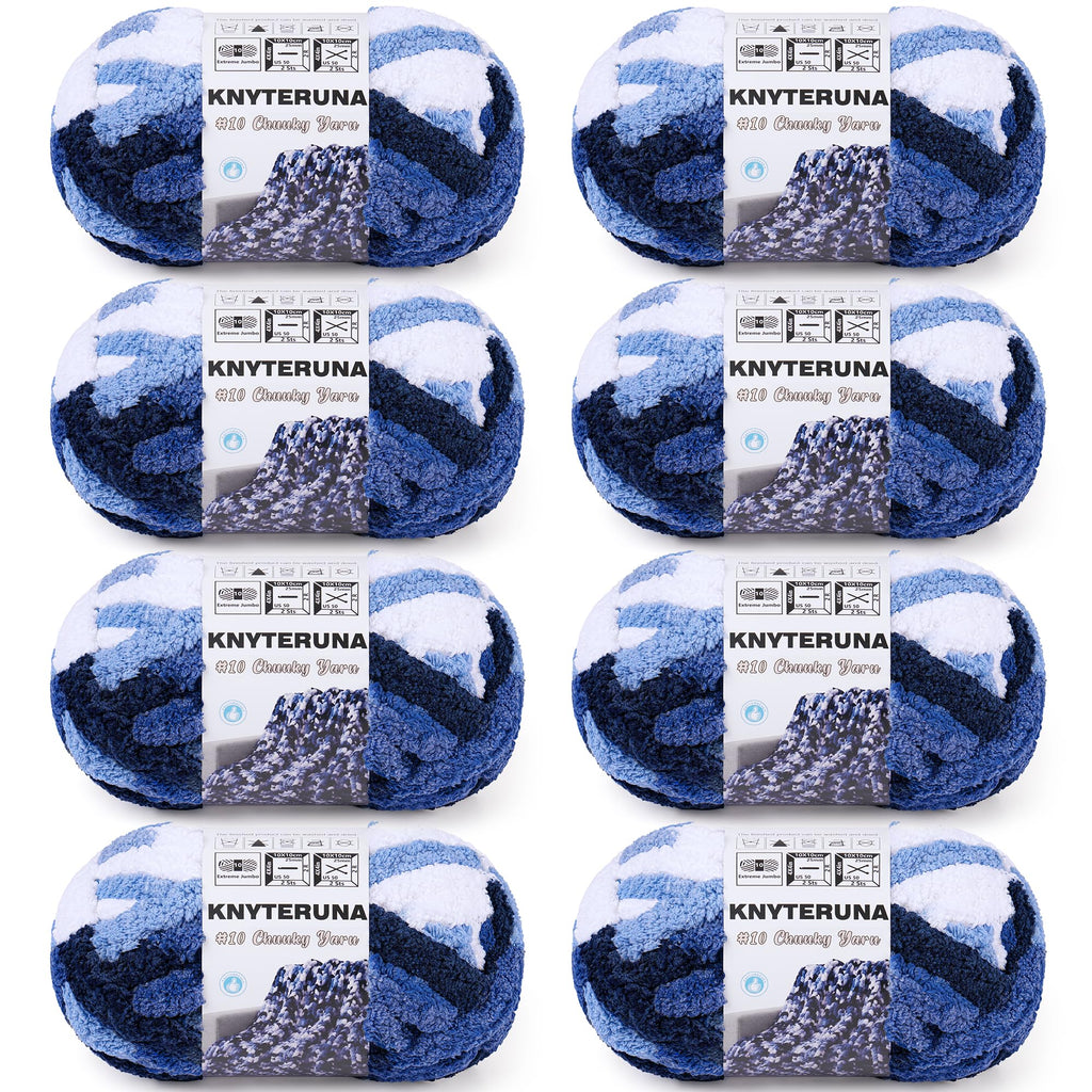 Knyteruna Chunky Yarn for Hand Knitting, #10 Chunky Blanket Chenille Yarn, Large Bulky Thick Jumbo Yarn, Super Chunky Knit Yarn for Crocheting, 8 Skein (8oz,20yds Each Skein), Tie Dye Multi Blue&White