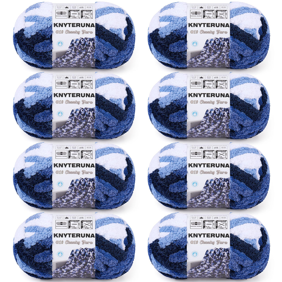 Knyteruna Chunky Yarn for Hand Knitting, #10 Chunky Blanket Chenille Yarn, Large Bulky Thick Jumbo Yarn, Super Chunky Knit Yarn for Crocheting, 8 Skein (8oz,20yds Each Skein), Tie Dye Multi Blue&White