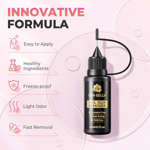 UNA GELLA 20ml*2PCS Nail Glue Remover for Press on, Multi-Functional Pinpoint Glue Remover Fast Removal Gentle Non-Acetone with Crystal Sticks for Nails Polish False Acrylic Nail Tips Home DIY