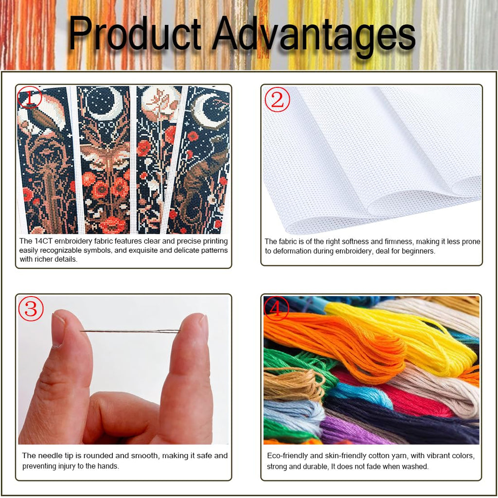 NEGEKFKX 4 Pcs Flower Cross Stitch Bookmark Kit for Adult Beginners | Bohemia Moth Cross Stitch Kits 14 CT DIY Cross stitch Kits Adult Stamped Bookmark Embroidery Bookmarks Kit