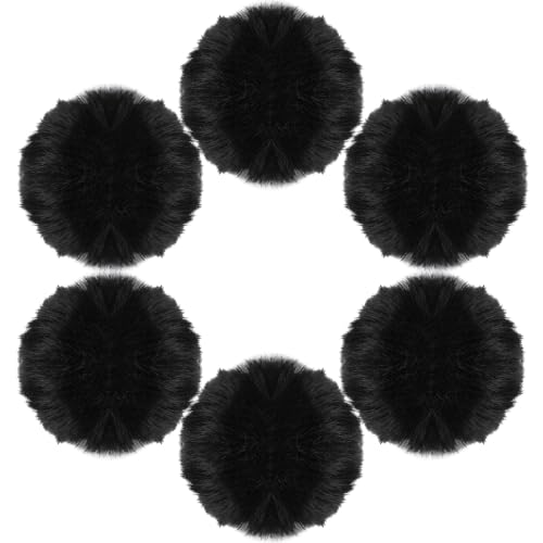 Mozeat Lens 6 Pcs Black Pom Poms Faux Fur Pom Pom Fluffy Pom Pom Balls, Round Fluffy Pompoms for Crafts with Tiny Cord for Hat Shoes Garment Hair Pins Earrings Necklace Charm Wedding Accessories
