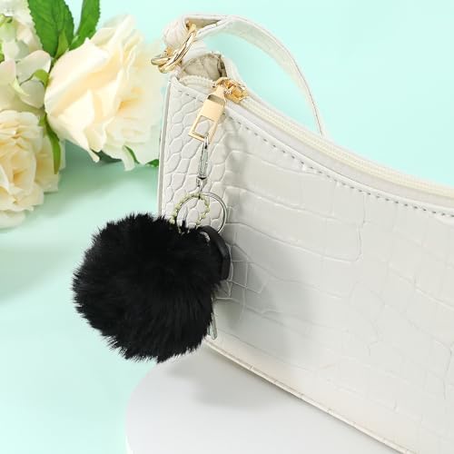 Mozeat Lens 6 Pcs Black Pom Poms Faux Fur Pom Pom Fluffy Pom Pom Balls, Round Fluffy Pompoms for Crafts with Tiny Cord for Hat Shoes Garment Hair Pins Earrings Necklace Charm Wedding Accessories