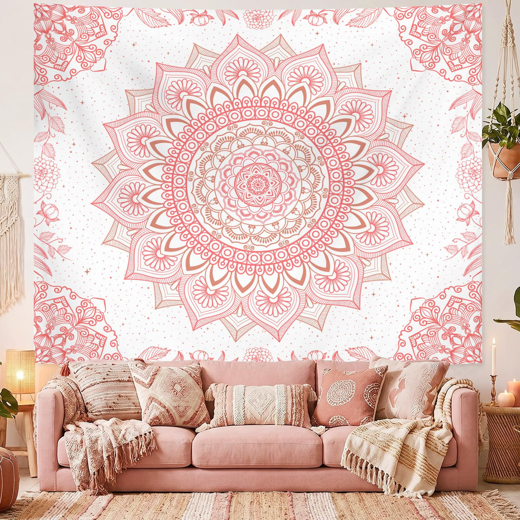 Apdidl Pink Boho Wall Tapestry for Bedroom,Mandala Bohemian Tapestries Girl | Girls Large Light Pink and White Cute Room Wall Hanging, Floral Hippy Flowers Teen Wall Decor Art Aesthetic for Dorm 51"X60"