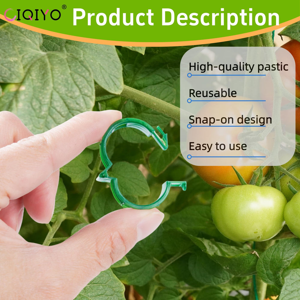 CIQIYO 100 Pcs Plant Support Clips,Plastic Clips for Securing Plants | Plant Fixing Clips,Tomato Vine Clips,Garden Clips for Climbing Plants,Grape and Vine Vegetables,Reusable(100, Green)