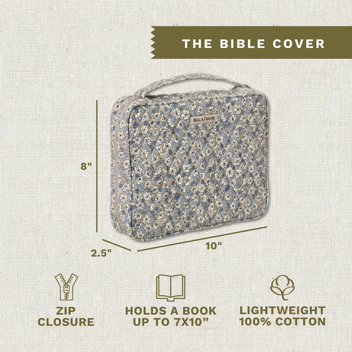 Bella Taylor Bible Cover, Quilted Bible Case, Khaki Floral | For 7 x 10" study Bibles, 3 interior/1 exterior pocket, 2 penloops, bookmark, durable quilted cotton, wraparound zipper