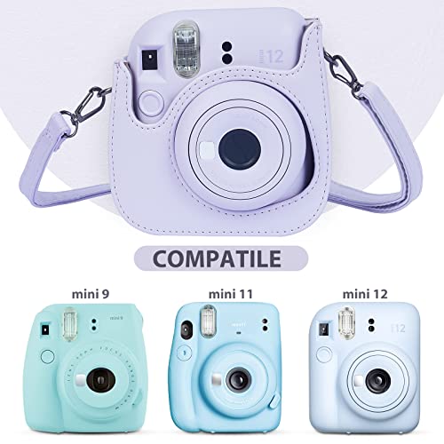 Phetium Instant mini 12 Camera Protective Case Compatible with Instax Mini 12 11,PU Leather Bag with Pocket and Adjustable Shoulder Strap (Lilac Purple)