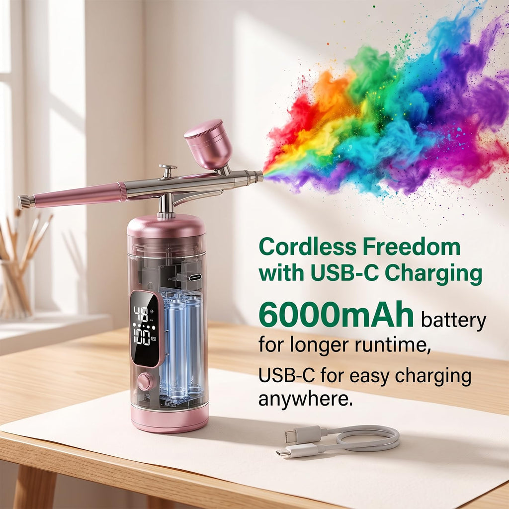 Cordless Airbrush Kit with Compressor, 48 PSI High Pressure, 3-Speed | 950mAh Rechargeable, 0.2/0.5mm Nozzles & 3 Cups, Non-Clogging, for Cake, Models, Makeup, Painting, Nail Art