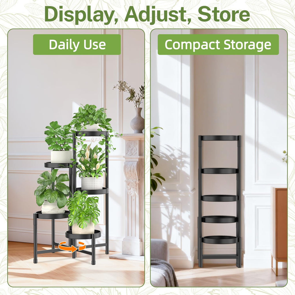 iDavosic.ly Plant Stand Indoor Outdoor, 5 Tier Metal Corner Shelf, Black | Tiered Flower Display Holder, Folding Multi Orchid Rack, Easy to Assemble, Space Saving Patio Balcony Porch Garden House