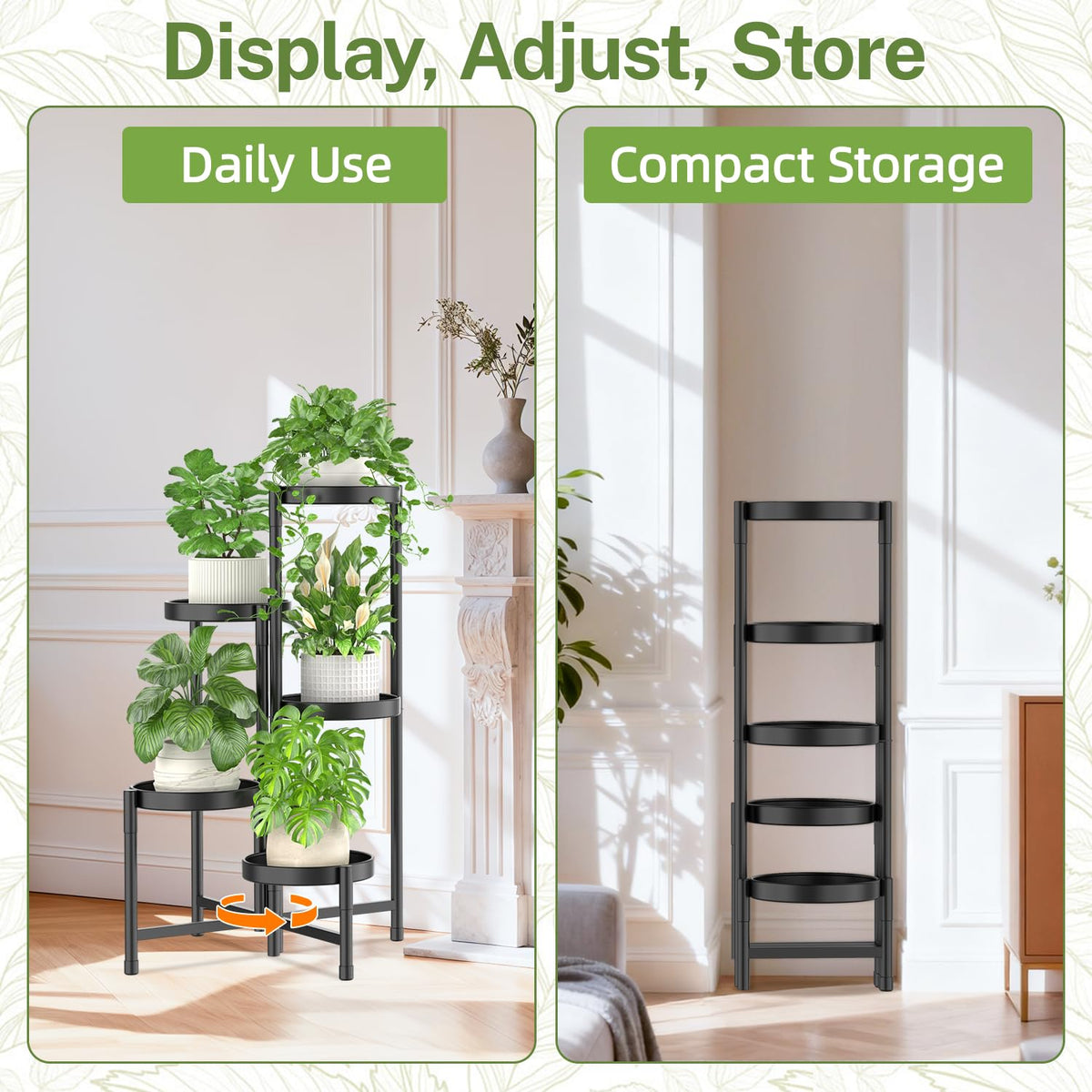 iDavosic.ly Plant Stand Indoor Outdoor, 5 Tier Metal Corner Shelf, Black | Tiered Flower Display Holder, Folding Multi Orchid Rack, Easy to Assemble, Space Saving Patio Balcony Porch Garden House